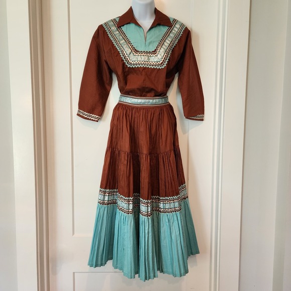 Vintage 50s Rockabilly Western Patio Fiesta Skirt Set Norman AZ Snag Pruf Zip S - Picture 2 of 16